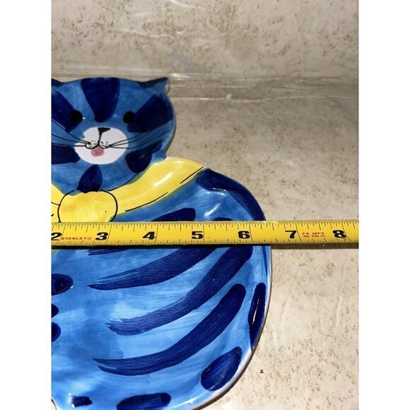 Vintage Italy Wall Hand Painted Blue Tabby Striped Yellow Ribbon Cat Decor - Picture 5 of 7